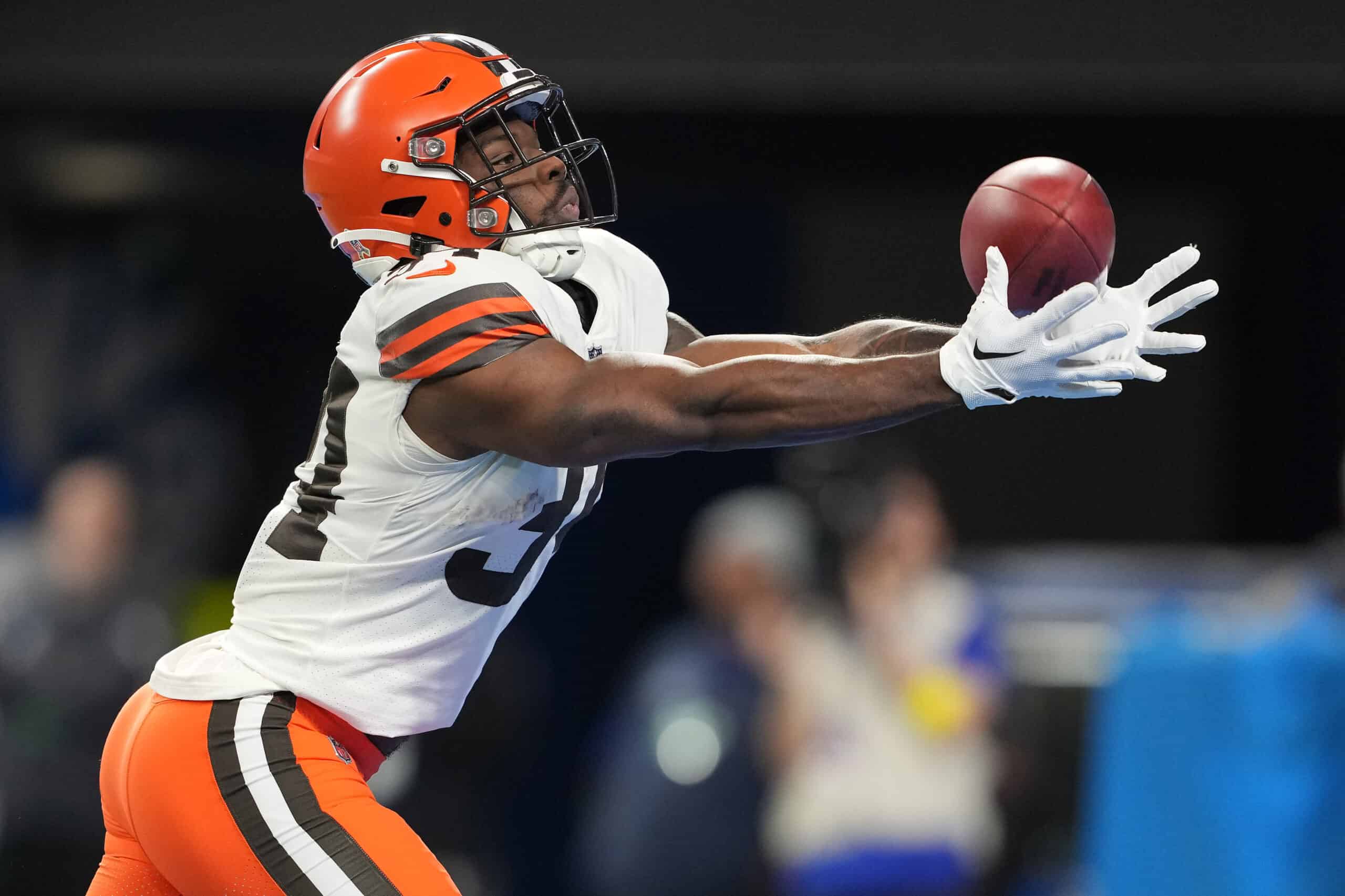 Jerome Ford #34 of the Cleveland Browns fields a kickoff during the first half against the Buffalo Bills at Ford Field on November 20, 2022 in Detroit, Michigan. 