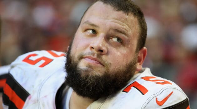 Offensive guard Joel Bitonio #75 of the Cleveland Browns on the bench during the second half of the NFL game against the Arizona Cardinals at State Farm Stadium on December 15, 2019 in Glendale, Arizona. The Cardinals defeated the Browns 38-24.
