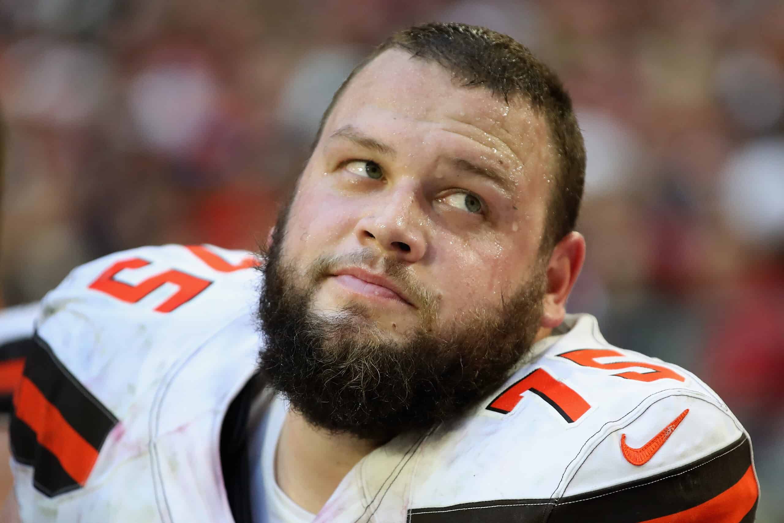 Offensive guard Joel Bitonio #75 of the Cleveland Browns on the bench during the second half of the NFL game against the Arizona Cardinals at State Farm Stadium on December 15, 2019 in Glendale, Arizona. The Cardinals defeated the Browns 38-24. 