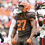 Kareem Hunt #27 of the Cleveland Browns celebrates during the first half against the Tampa Bay Buccaneers at FirstEnergy Stadium on November 27, 2022 in Cleveland, Ohio.