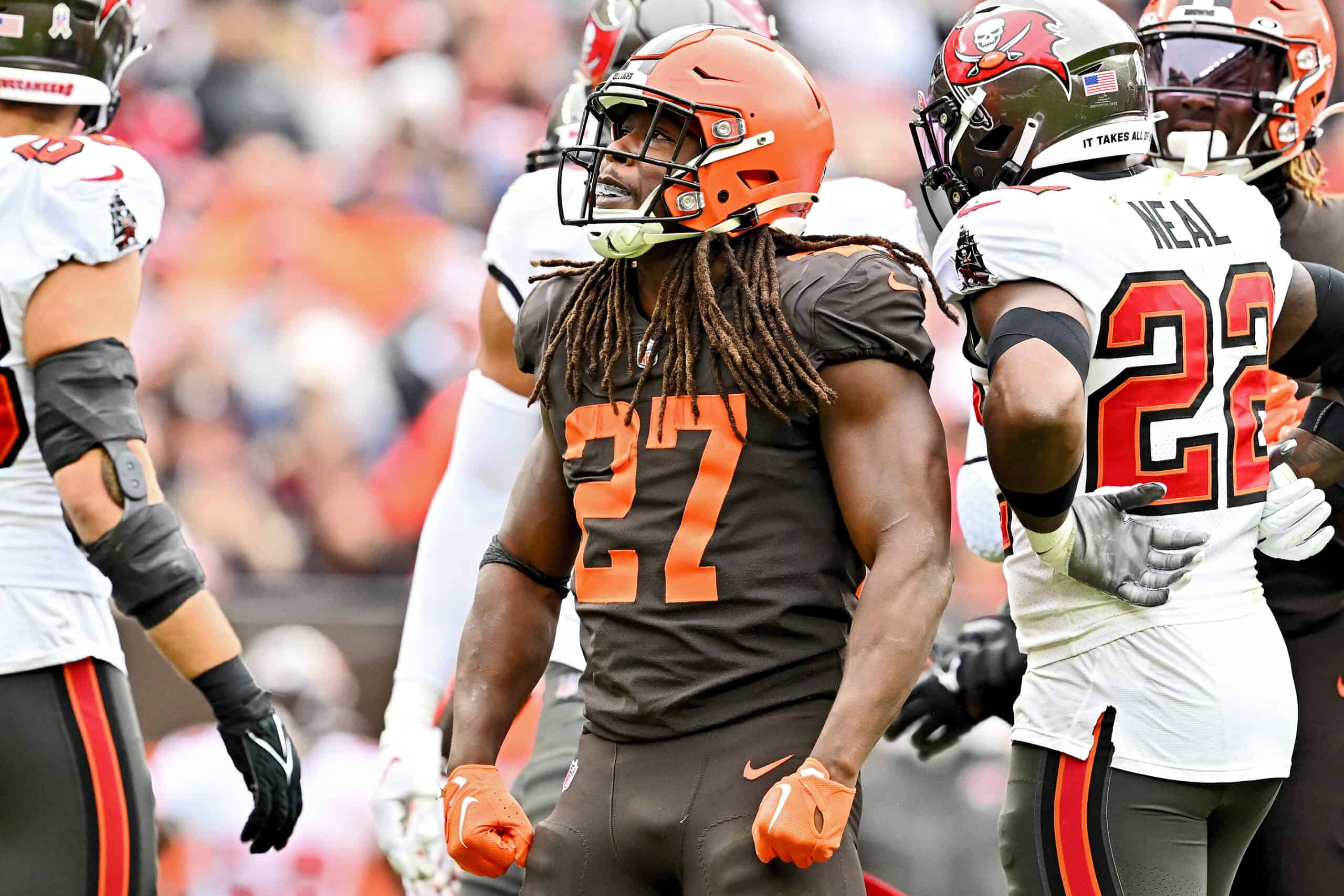 Kareem Hunt #27 of the Cleveland Browns celebrates during the first half against the Tampa Bay Buccaneers at FirstEnergy Stadium on November 27, 2022 in Cleveland, Ohio.