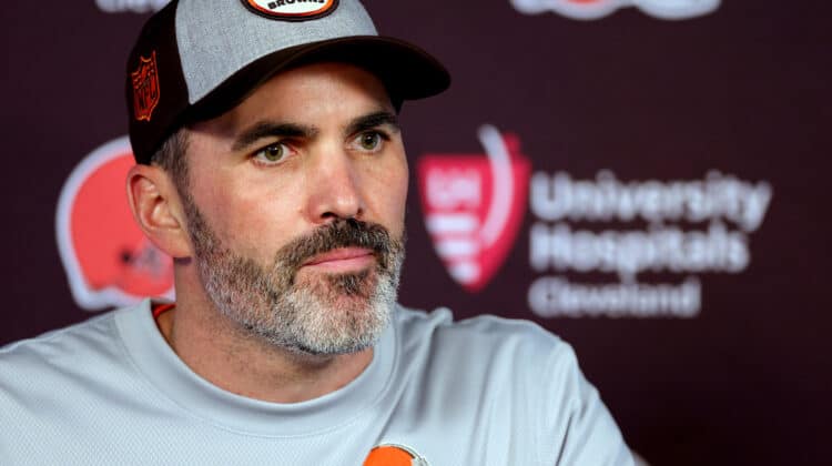 Head coach Kevin Stefanski of the Cleveland Browns speaks to media following his team's 27-14 win against the Houston Texans at NRG Stadium on December 04, 2022 in Houston, Texas.