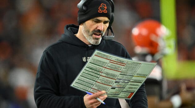 Head coach Kevin Stefanski of the Cleveland Browns looks on against the Baltimore Ravens during the second quarter at FirstEnergy Stadium on December 17, 2022 in Cleveland, Ohio.