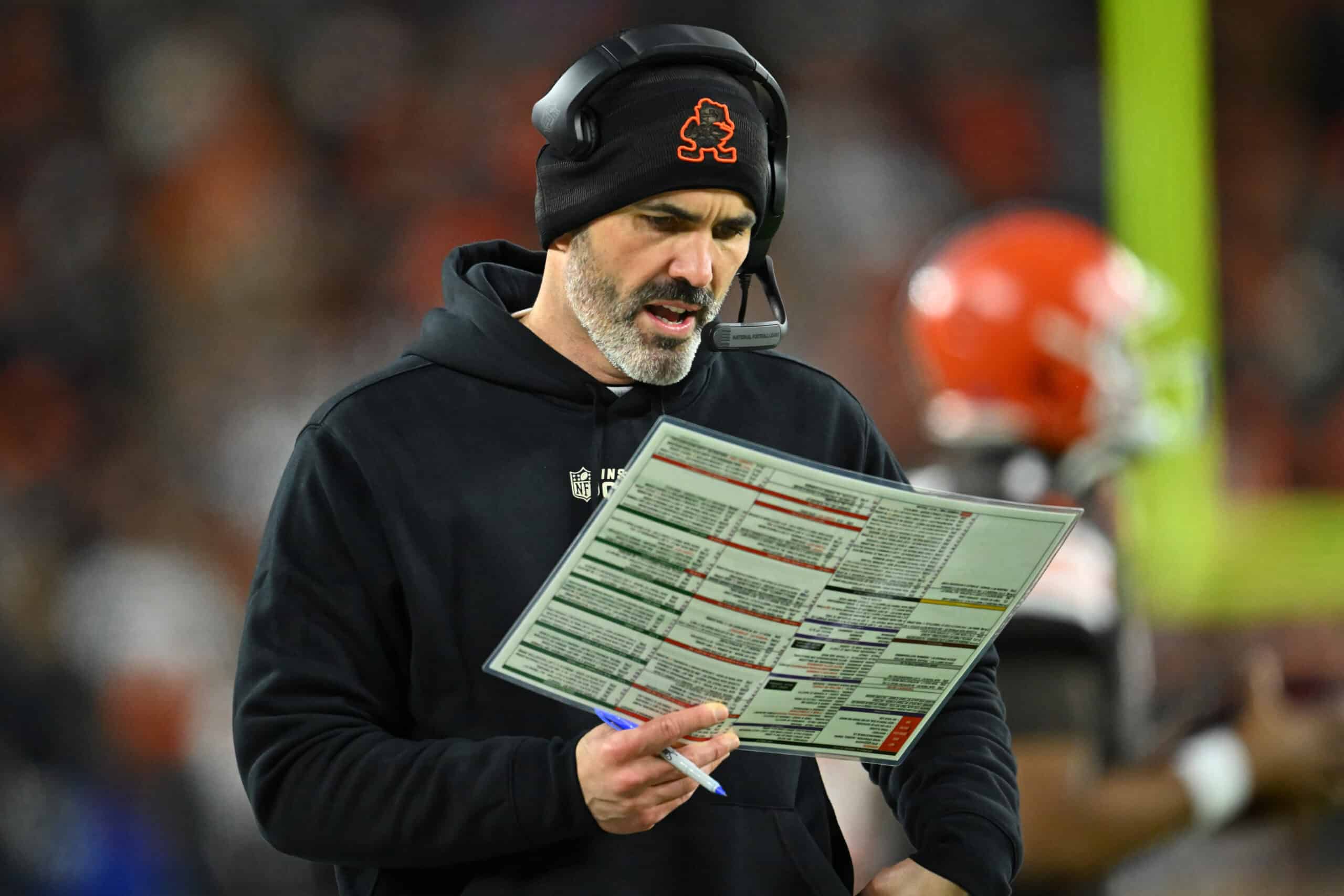 Head coach Kevin Stefanski of the Cleveland Browns looks on against the Baltimore Ravens during the second quarter at FirstEnergy Stadium on December 17, 2022 in Cleveland, Ohio.