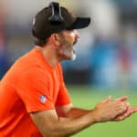 Head coach Kevin Stefanski of the Cleveland Browns encourages his team against the Jacksonville Jaguars during a football game at TIAA Bank Field on August 12, 2022 in Jacksonville, Florida.