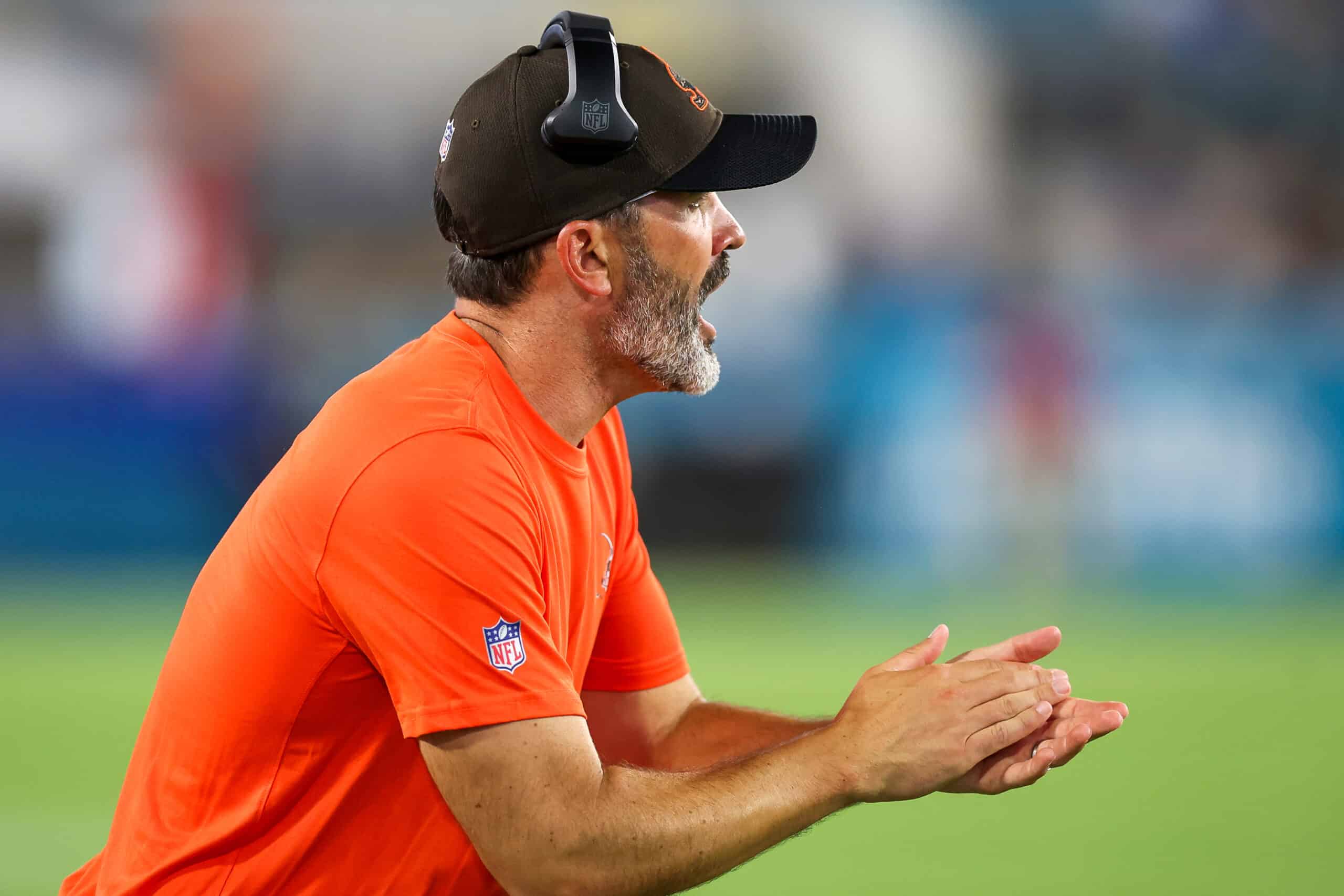 Head coach Kevin Stefanski of the Cleveland Browns encourages his team against the Jacksonville Jaguars during a football game at TIAA Bank Field on August 12, 2022 in Jacksonville, Florida.