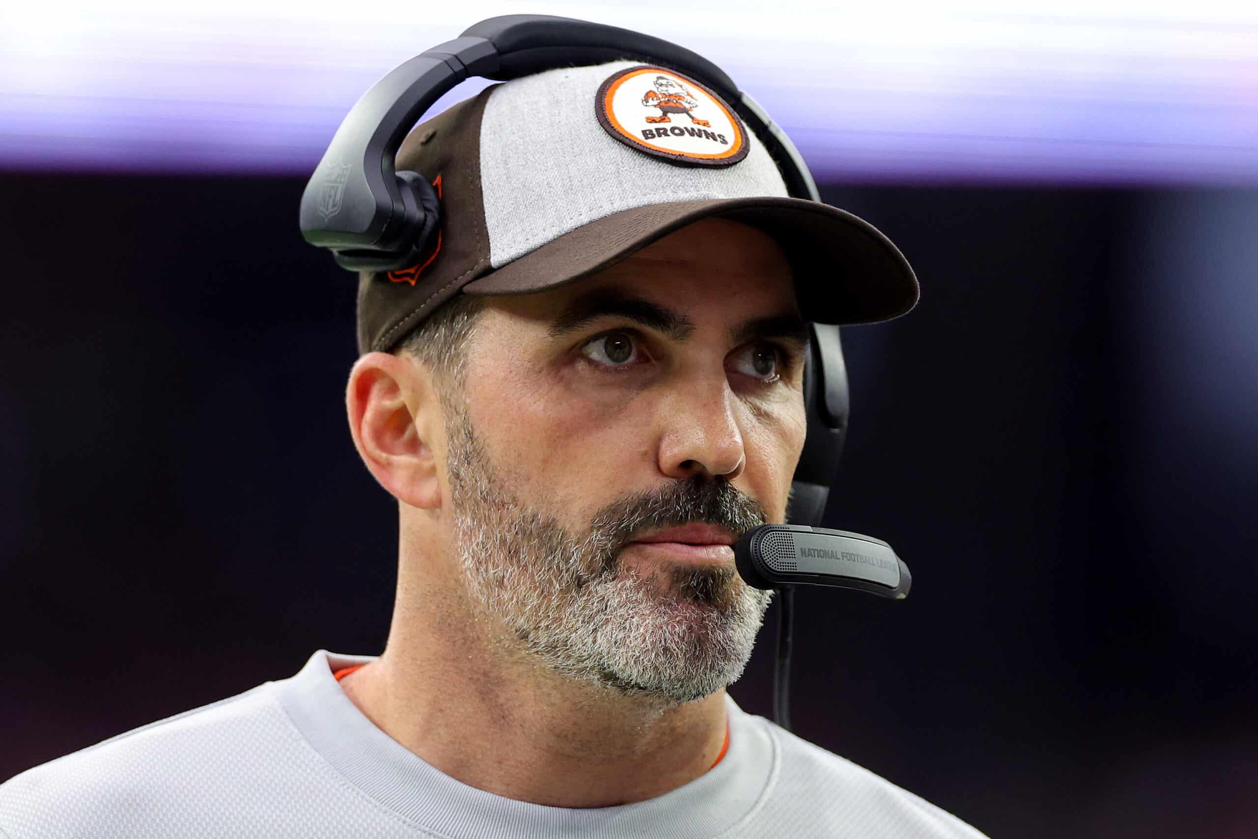 Head coach Kevin Stefanski of the Cleveland Browns looks onward during the first quarter against the Houston Texans at NRG Stadium on December 04, 2022 in Houston, Texas.