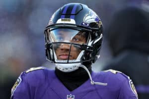 Marlon Humphrey #44 of the Baltimore Ravens looks on in the first quarter of a game against the Carolina Panthers at M&T Bank Stadium on November 20, 2022 in Baltimore, Maryland.