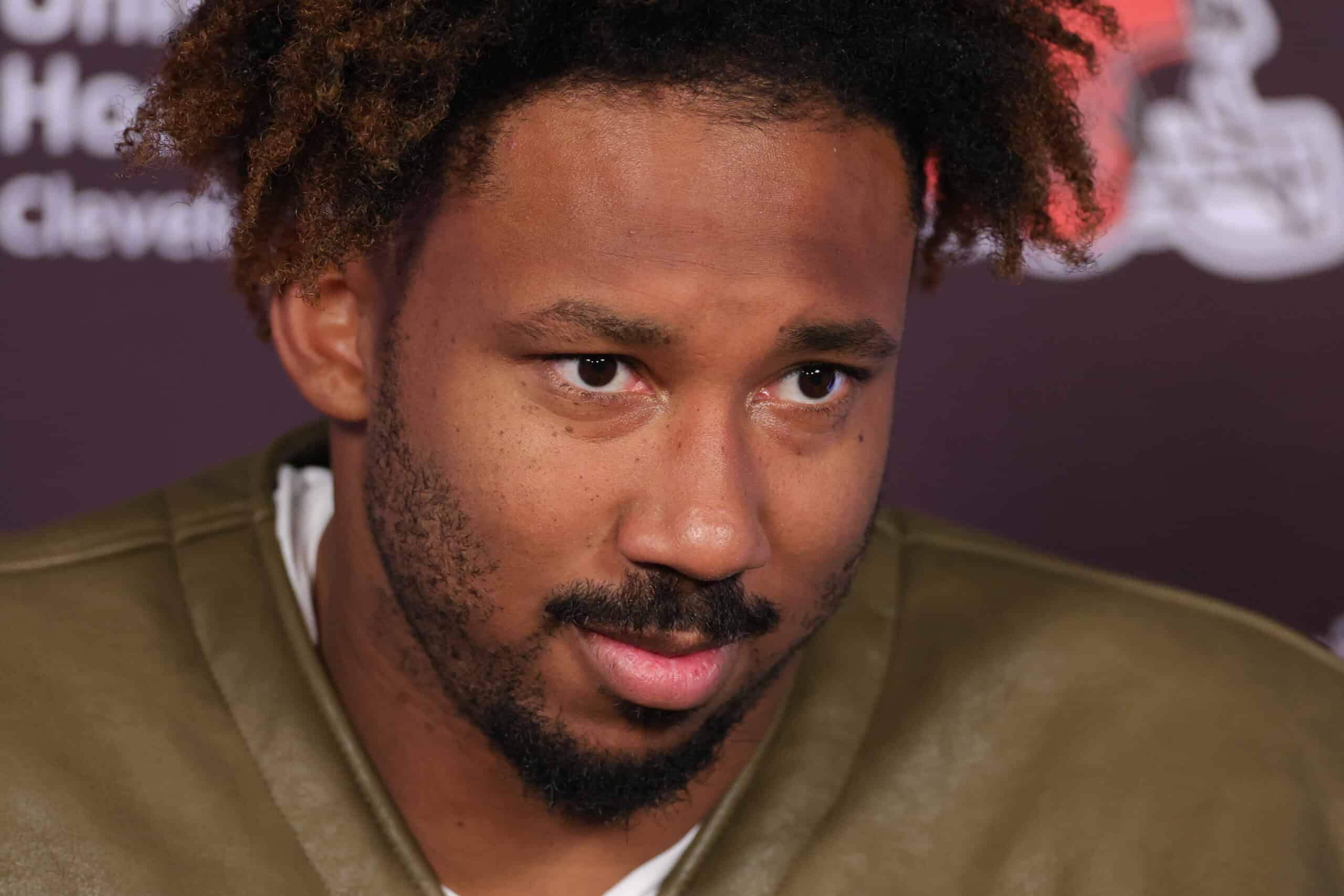 Myles Garrett #95 of the Cleveland Browns speaks with media following a game against the Cleveland Browns at NRG Stadium on December 04, 2022 in Houston, Texas.