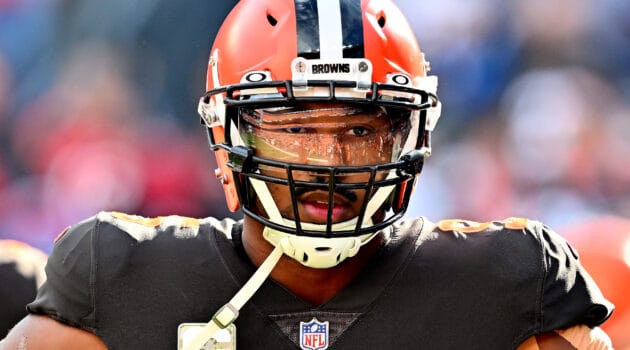 Myles Garrett #95 of the Cleveland Browns reacts before a game against the Tampa Bay Buccaneers at FirstEnergy Stadium on November 27, 2022 in Cleveland, Ohio.