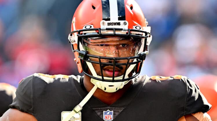 Myles Garrett #95 of the Cleveland Browns reacts before a game against the Tampa Bay Buccaneers at FirstEnergy Stadium on November 27, 2022 in Cleveland, Ohio.