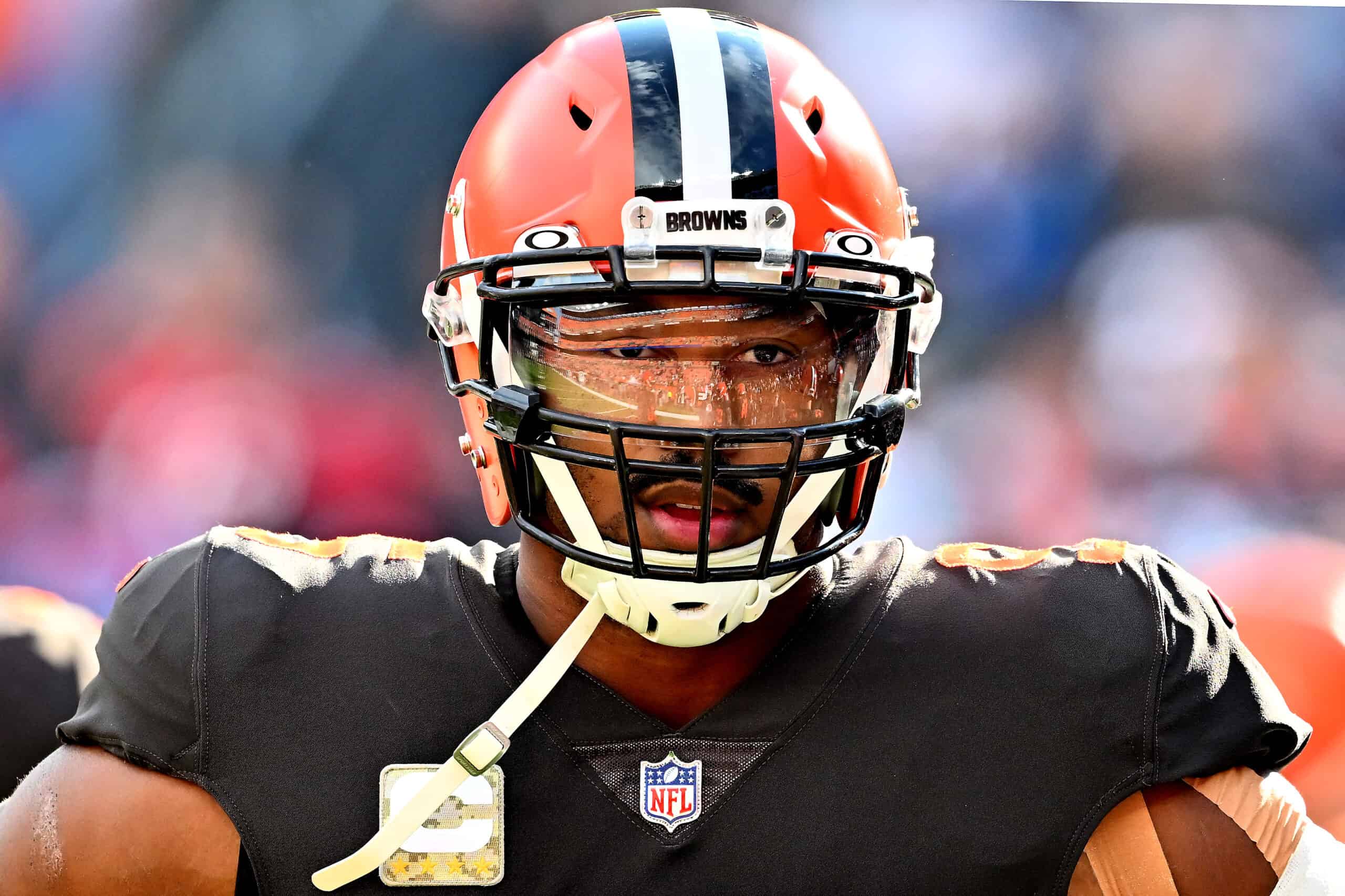 Myles Garrett #95 of the Cleveland Browns reacts before a game against the Tampa Bay Buccaneers at FirstEnergy Stadium on November 27, 2022 in Cleveland, Ohio.