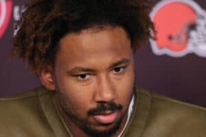 Myles Garrett #95 of the Cleveland Browns speaks with media following a game against the Cleveland Browns at NRG Stadium on December 04, 2022 in Houston, Texas.