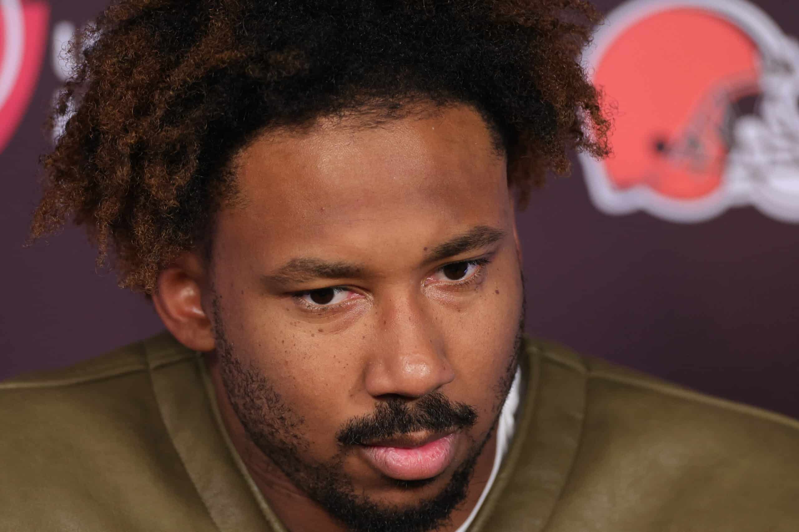 Myles Garrett #95 of the Cleveland Browns speaks with media following a game against the Cleveland Browns at NRG Stadium on December 04, 2022 in Houston, Texas. 