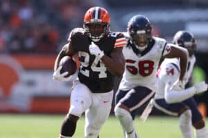 Nick Chubb #24 of the Cleveland Browns plays against the Houston Texans at FirstEnergy Stadium on September 19, 2021 in Cleveland, Ohio. Cleveland won the game 31-21.