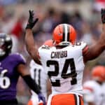 Nick Chubb #24 of the Cleveland Browns celebrates after scoring a touchdown during the first quarter of the game against the Baltimore Ravens at M&T Bank Stadium on October 23, 2022 in Baltimore, Maryland.