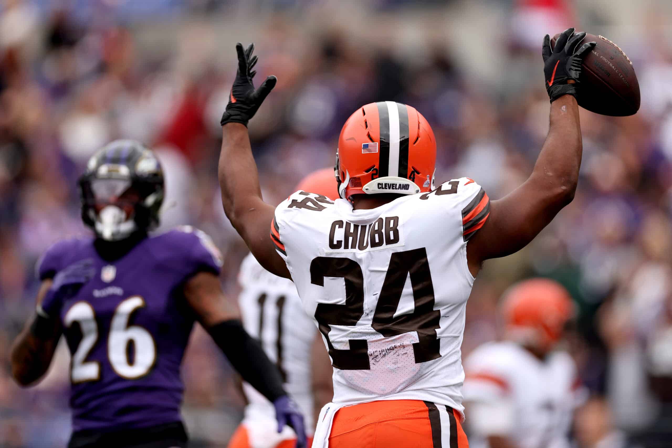 Nick Chubb #24 of the Cleveland Browns celebrates after scoring a touchdown during the first quarter of the game against the Baltimore Ravens at M&T Bank Stadium on October 23, 2022 in Baltimore, Maryland.