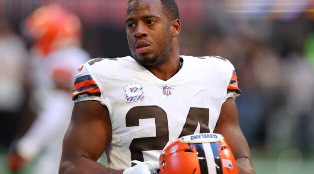 Nick Chubb #24 of the Cleveland Browns looks on during warmups before the game against the Atlanta Falcons at Mercedes-Benz Stadium on October 02, 2022 in Atlanta, Georgia.
