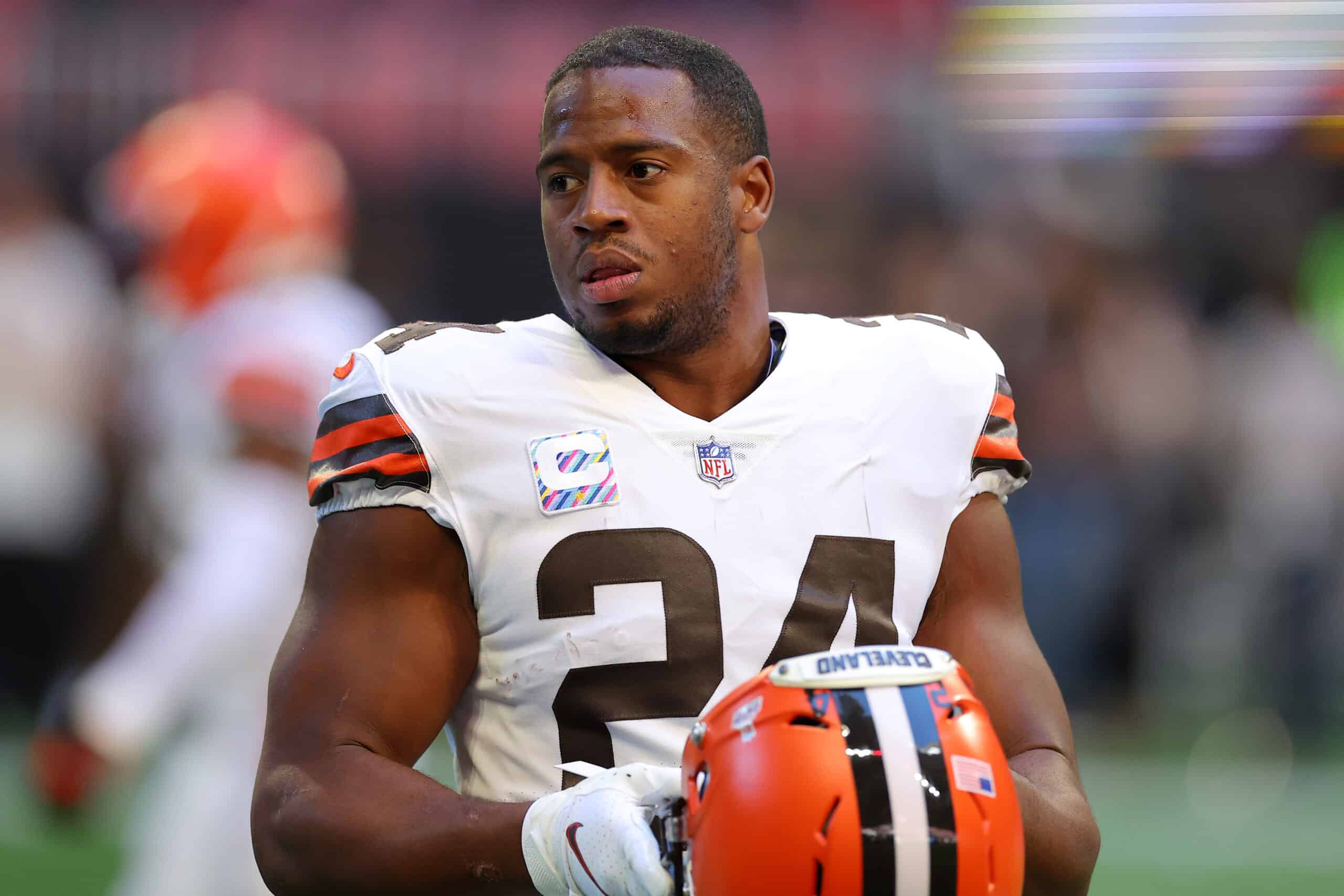 Nick Chubb #24 of the Cleveland Browns looks on during warmups before the game against the Atlanta Falcons at Mercedes-Benz Stadium on October 02, 2022 in Atlanta, Georgia. 