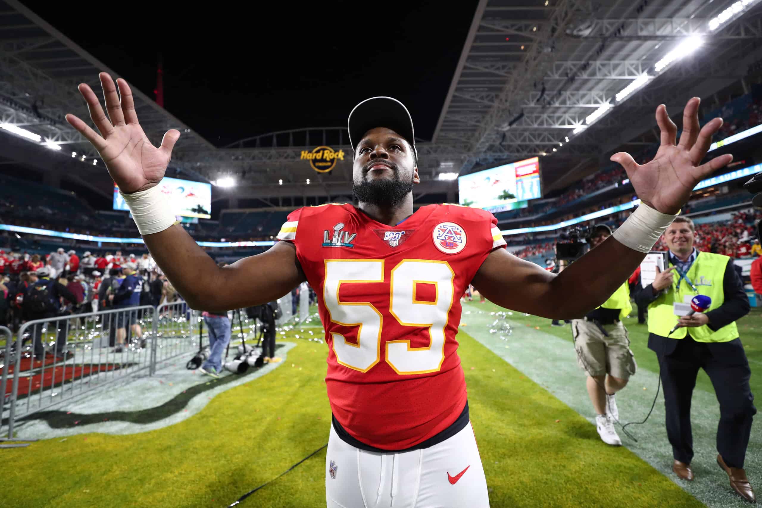 Reggie Ragland #59 of the Kansas City Chiefs celebrates after defeating San Francisco 49ers by 31 - 20 in Super Bowl LIV at Hard Rock Stadium on February 02, 2020 in Miami, Florida.