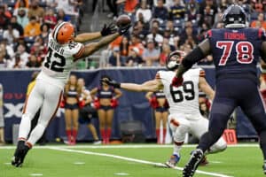 Tony Fields II #42 of the Cleveland Browns intercepts a pass, which he would return for a touchdown, during the fourth quarter against the Houston Texans at NRG Stadium on December 04, 2022 in Houston, Texas.