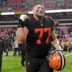 Wyatt Teller #77 of the Cleveland Browns celebrates after a game against the Tampa Bay Buccaneers at FirstEnergy Stadium on November 27, 2022 in Cleveland, Ohio.