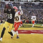Diontae Johnson #18 of the Pittsburgh Steelers scores a two point conversion during the fourth quarter of the game against the Cleveland Browns at Acrisure Stadium on January 08, 2023 in Pittsburgh, Pennsylvania