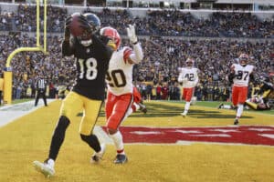 Diontae Johnson #18 of the Pittsburgh Steelers scores a two point conversion during the fourth quarter of the game against the Cleveland Browns at Acrisure Stadium on January 08, 2023 in Pittsburgh, Pennsylvania