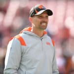 Cleveland Browns wide receivers coach Chad O'Shea smiles during warmups before a game against the Pittsburgh Steelers at FirstEnergy Stadium on October 31, 2021 in Cleveland, Ohio.