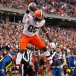 David Njoku #85 of the Cleveland Browns celebrates after scoring a touchdown in the third quarter of a game against the Cincinnati Bengals at Paycor Stadium on December 11, 2022 in Cincinnati, Ohio.