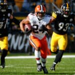 PITTSBURGH, PENNSYLVANIA - JANUARY 08: Nick Chubb #24 of the Cleveland Browns runs with the ball during the first half of the game against the Pittsburgh Steelers at Acrisure Stadium on January 08, 2023 in Pittsburgh, Pennsylvania.
