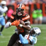 CLEVELAND, OH - OCTOBER 22: David Njoku #85 of the Cleveland Browns is tackled by Kevin Byard #31 of the Tennessee Titans in the third quarter at FirstEnergy Stadium on October 22, 2017 in Cleveland, Ohio.
