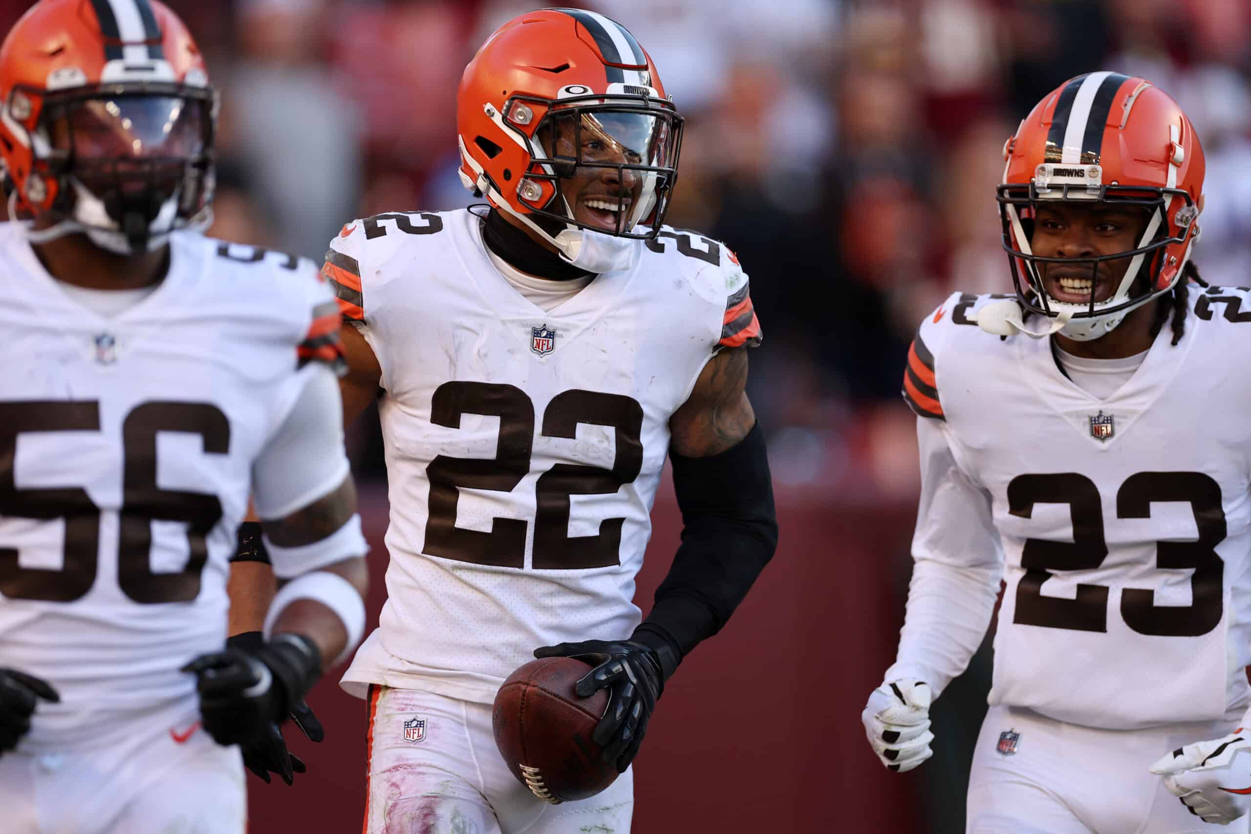 Grant Delpit #22 of the Cleveland Browns celebrates after an interception during the fourth quarter against the Washington Commanders at FedExField on January 01, 2023 in Landover, Maryland.