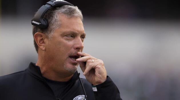 Defensive coordinator Jim Schwartz of the Philadelphia Eagles looks on against the New York Jets in the third quarter at Lincoln Financial Field on October 6, 2019 in Philadelphia, Pennsylvania. The Eagles defeated the Jets 31-6.