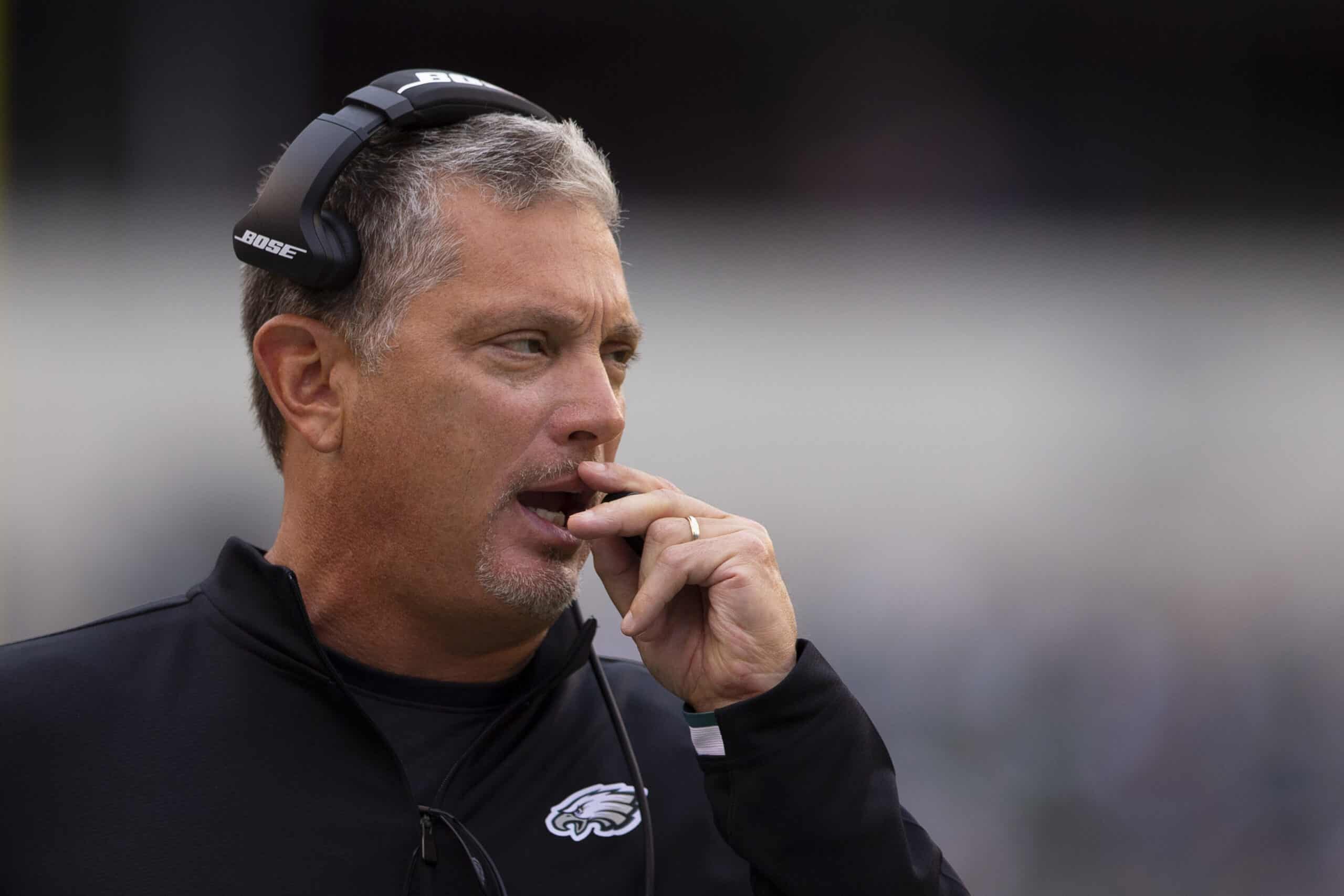 Defensive coordinator Jim Schwartz of the Philadelphia Eagles looks on against the New York Jets in the third quarter at Lincoln Financial Field on October 6, 2019 in Philadelphia, Pennsylvania. The Eagles defeated the Jets 31-6. 