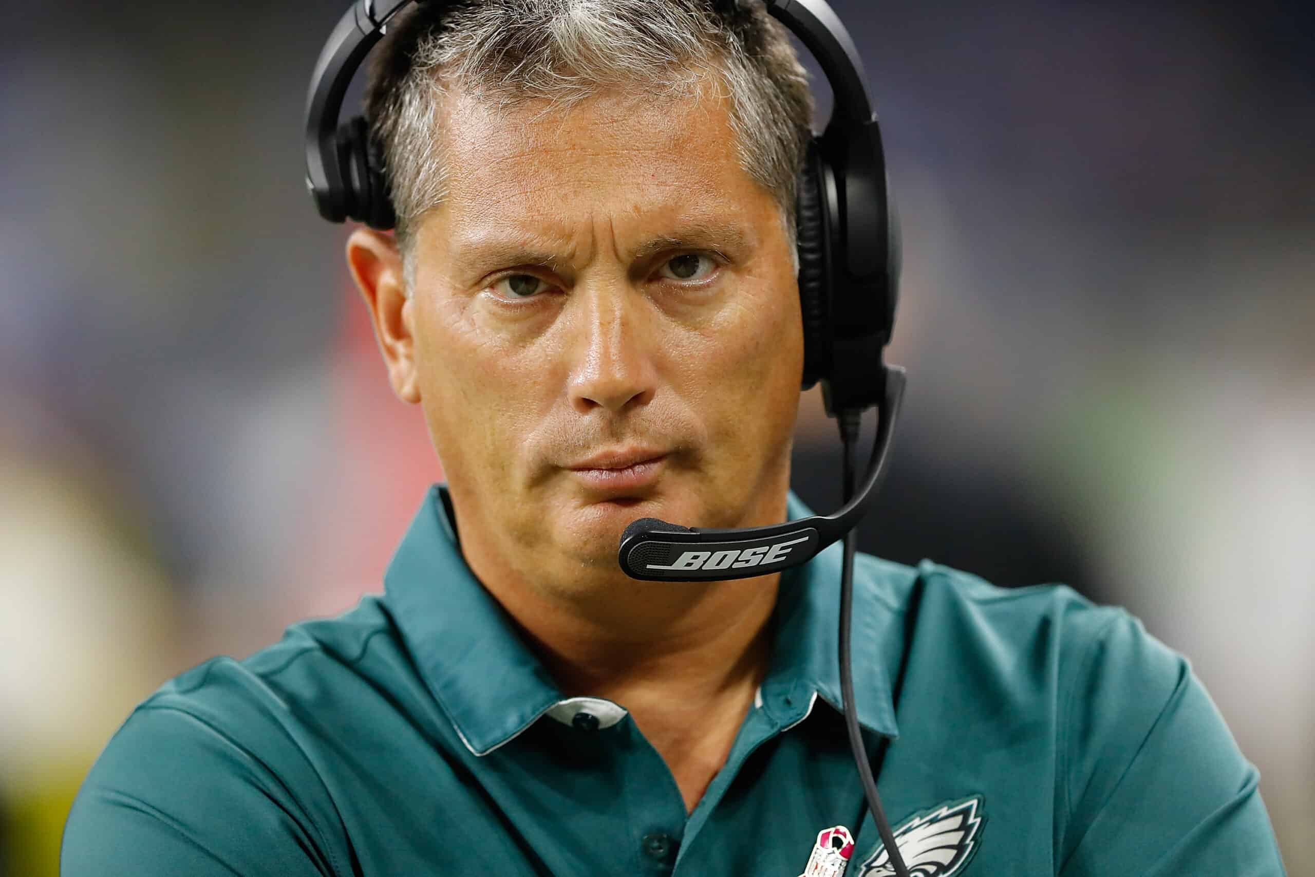 Defensive Coordinator Jim Schwartz of the Philadelphia Eagles and formally head coach of the Detroit Lions watches his defense at Ford Field on October 9, 2016 in Detroit, Michigan.