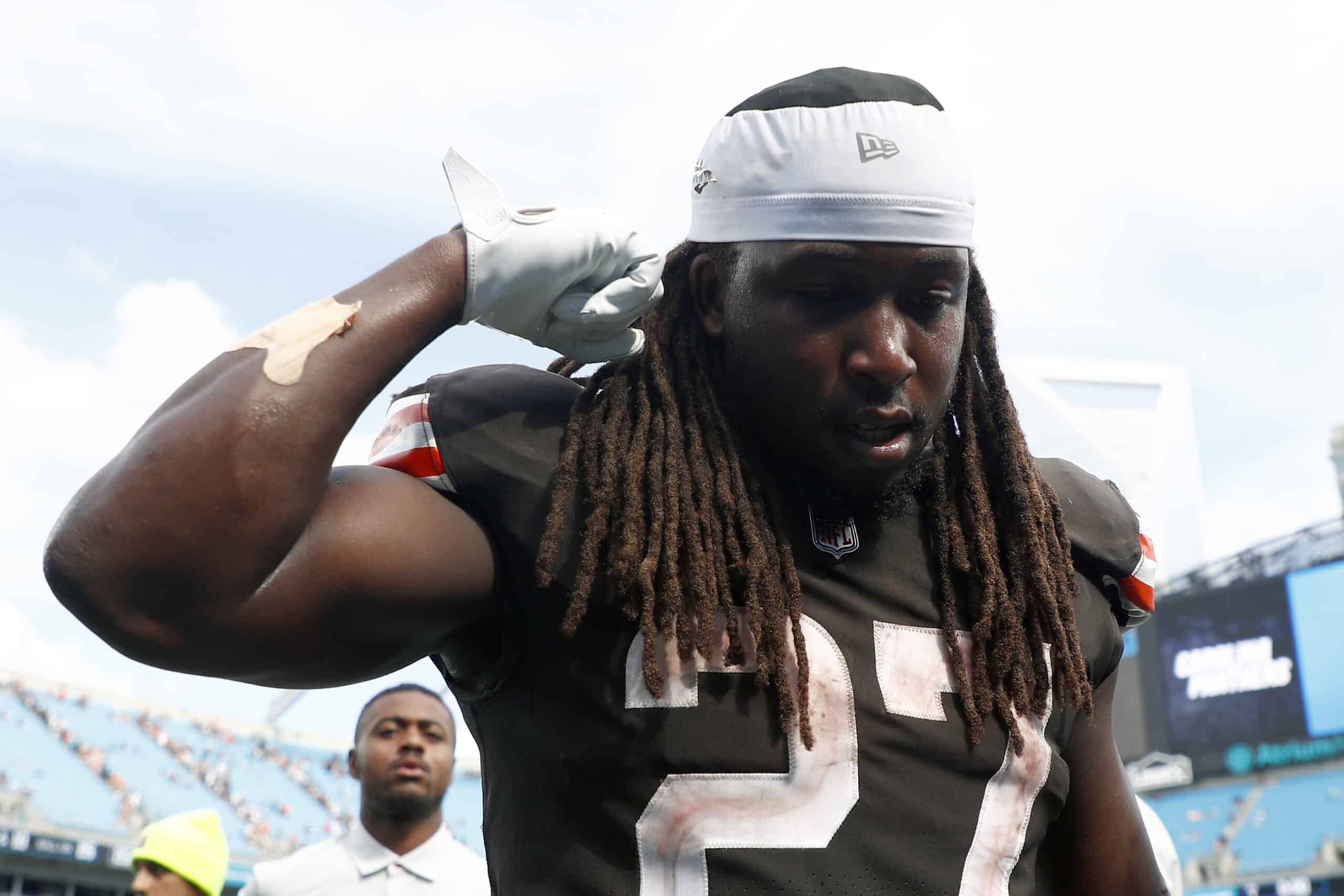 Running back Kareem Hunt #27 of the Cleveland Browns walks off the field following their 26-24 victory over the Carolina Panthers at Bank of America Stadium on September 11, 2022 in Charlotte, North Carolina.