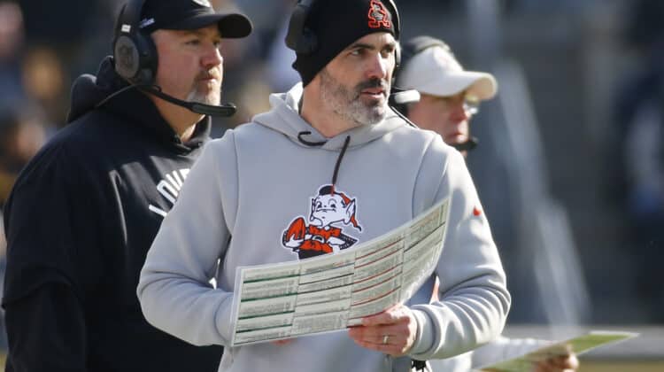 Head Coach Kevin Stefanski of the Cleveland Browns looks on during the first half of the game against the Pittsburgh Steelers at Acrisure Stadium on January 08, 2023 in Pittsburgh, Pennsylvania.
