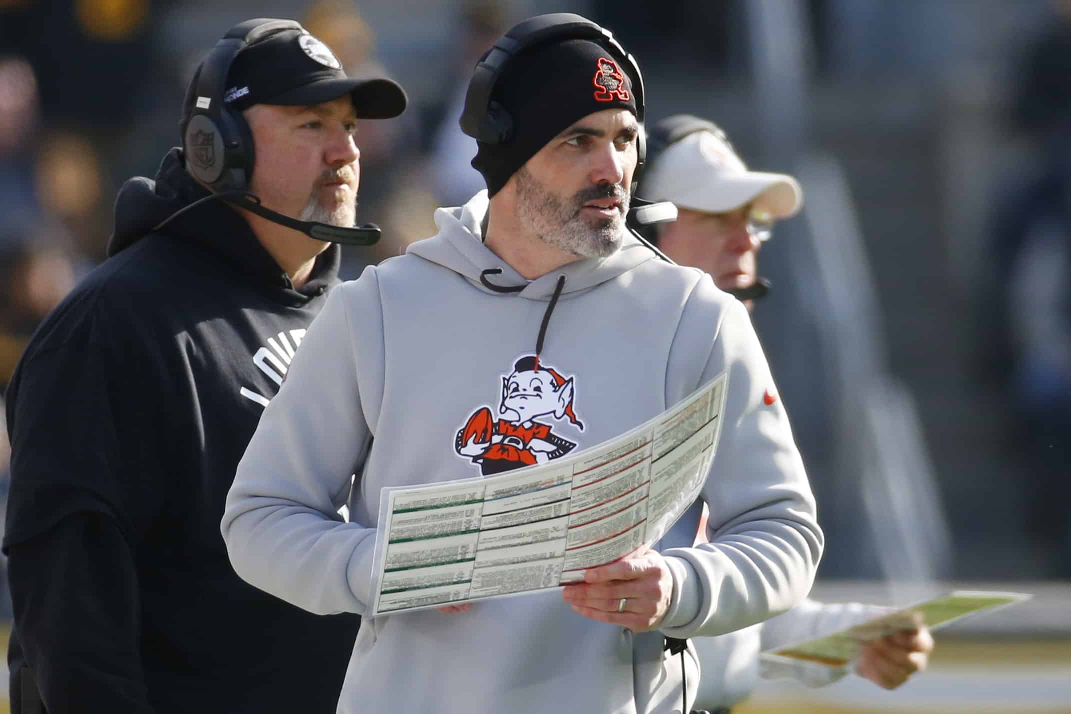 Head Coach Kevin Stefanski of the Cleveland Browns looks on during the first half of the game against the Pittsburgh Steelers at Acrisure Stadium on January 08, 2023 in Pittsburgh, Pennsylvania.