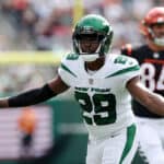 Lamarcus Joyner #29 of the New York Jets reacts after being penalized for a helmet-to-helmet hit against Tee Higgins #85 of the Cincinnati Bengals during the second quarter at MetLife Stadium on September 25, 2022 in East Rutherford, New Jersey.