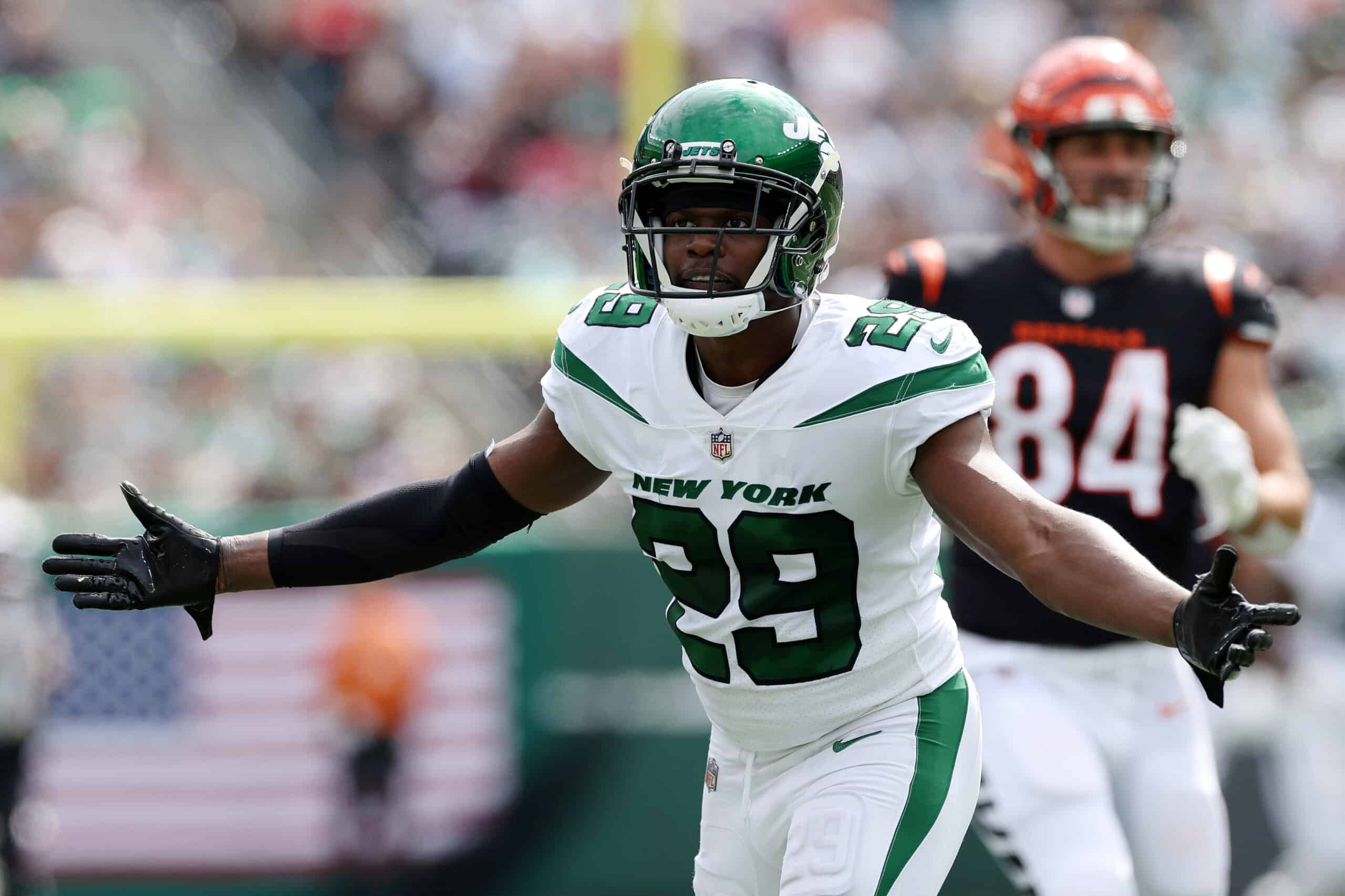 Lamarcus Joyner #29 of the New York Jets reacts after being penalized for a helmet-to-helmet hit against Tee Higgins #85 of the Cincinnati Bengals during the second quarter at MetLife Stadium on September 25, 2022 in East Rutherford, New Jersey.