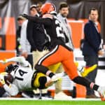 George Pickens #14 of the Pittsburgh Steelers makes a one handed catch ahead of Martin Emerson Jr. #23 of the Cleveland Browns during the second quarter at FirstEnergy Stadium on September 22, 2022 in Cleveland, Ohio.