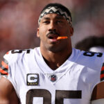Myles Garrett #95 of the Cleveland Browns looks on from the sidelines during the first quarter against the Washington Commanders at FedExField on January 01, 2023 in Landover, Maryland.
