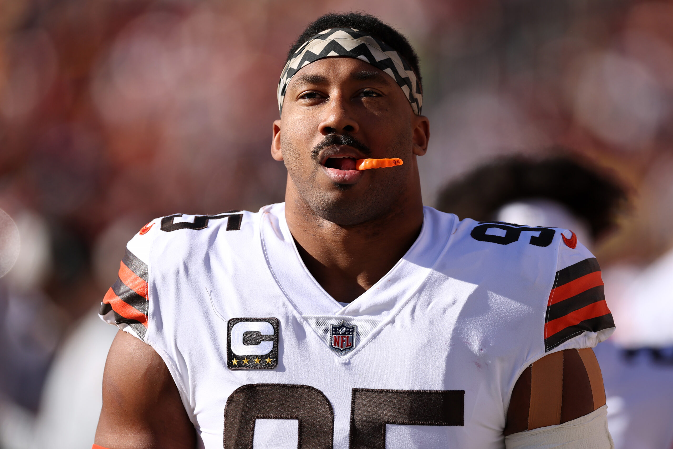 Myles Garrett #95 of the Cleveland Browns looks on from the sidelines during the first quarter against the Washington Commanders at FedExField on January 01, 2023 in Landover, Maryland.