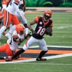 A.J. Green #18 of the Cincinnati Bengals runs with the ball against the Cleveland Browns at Paul Brown Stadium on October 25, 2020 in Cincinnati, Ohio.