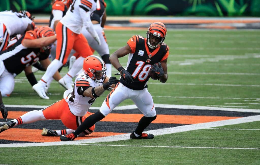 A.J. Green #18 of the Cincinnati Bengals runs with the ball against the Cleveland Browns at Paul Brown Stadium on October 25, 2020 in Cincinnati, Ohio.