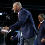 Joe Thomas speaks onstage prior to round one of the 2021 NFL Draft at the Great Lakes Science Center on April 29, 2021 in Cleveland, Ohio.