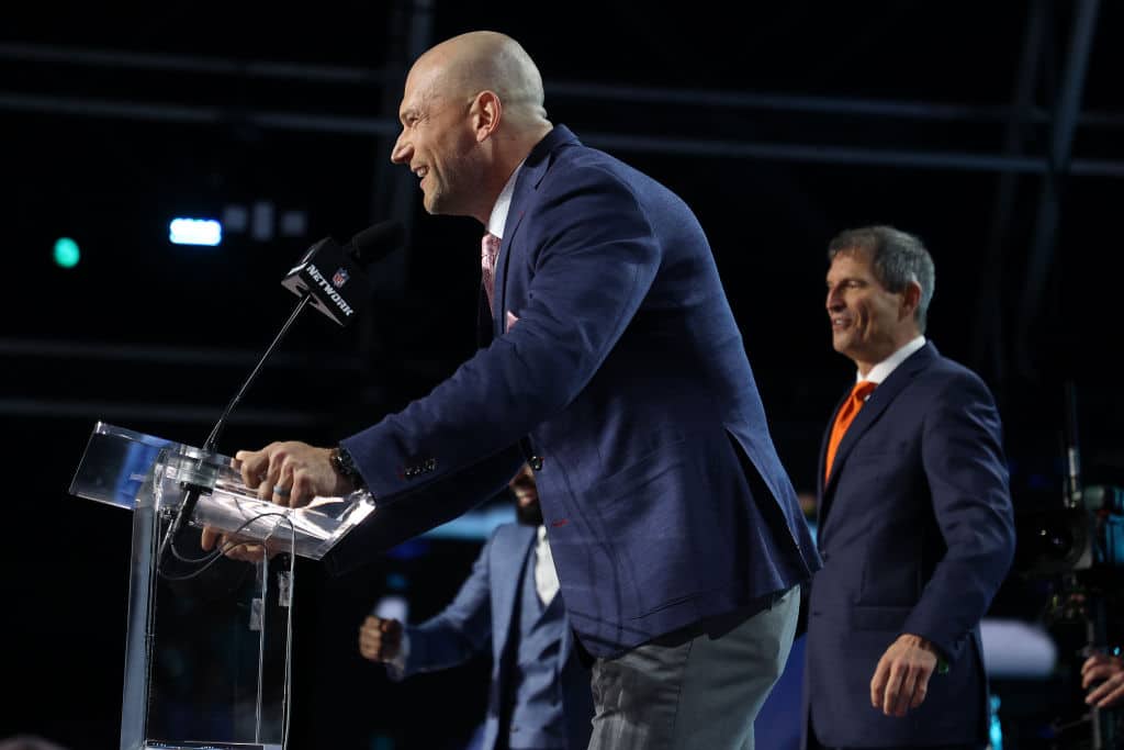 Joe Thomas speaks onstage prior to round one of the 2021 NFL Draft at the Great Lakes Science Center on April 29, 2021 in Cleveland, Ohio.