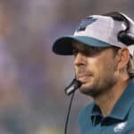 Offensive coordinator Shane Steichen of the Philadelphia Eagles looks on against the Pittsburgh Steelers in the second half of the preseason game at Lincoln Financial Field on August 12, 2021 in Philadelphia, Pennsylvania. The Steelers defeated the Eagles 24-16.