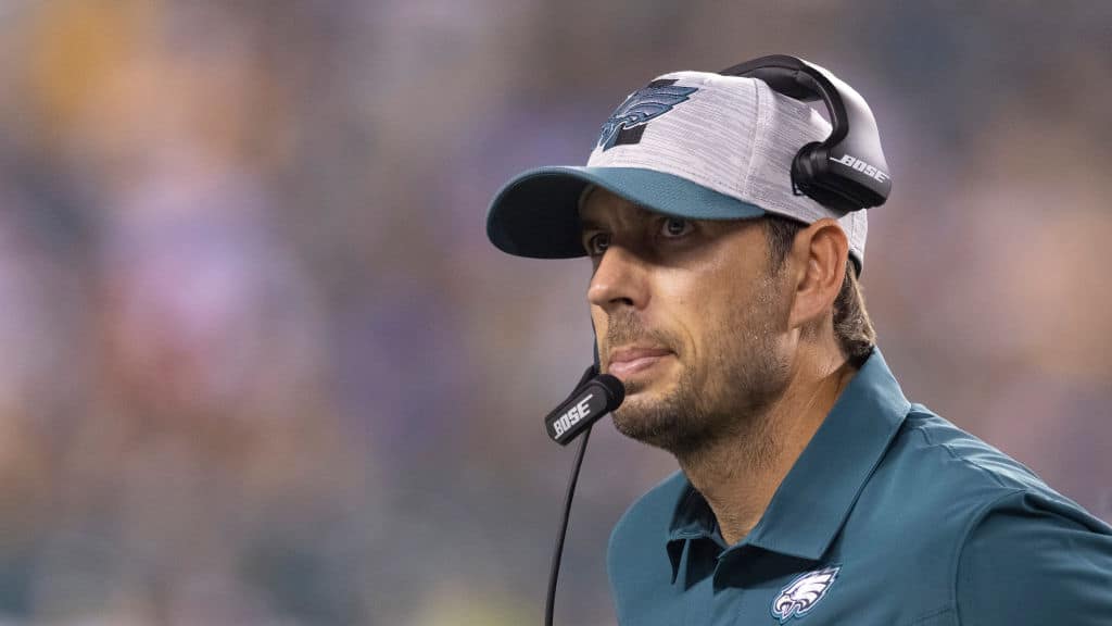 Offensive coordinator Shane Steichen of the Philadelphia Eagles looks on against the Pittsburgh Steelers in the second half of the preseason game at Lincoln Financial Field on August 12, 2021 in Philadelphia, Pennsylvania. The Steelers defeated the Eagles 24-16.